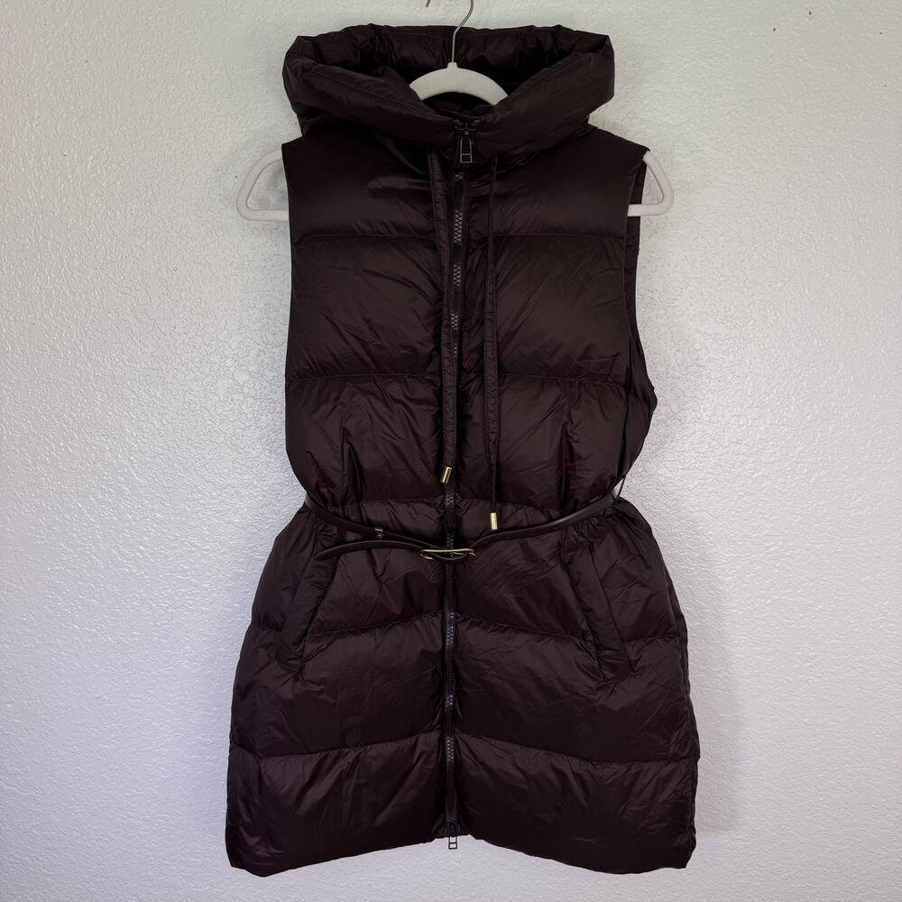 Veronica Beard Bria Puffer Vest Womens XS Down Hooded Belted Longline Brown Choc